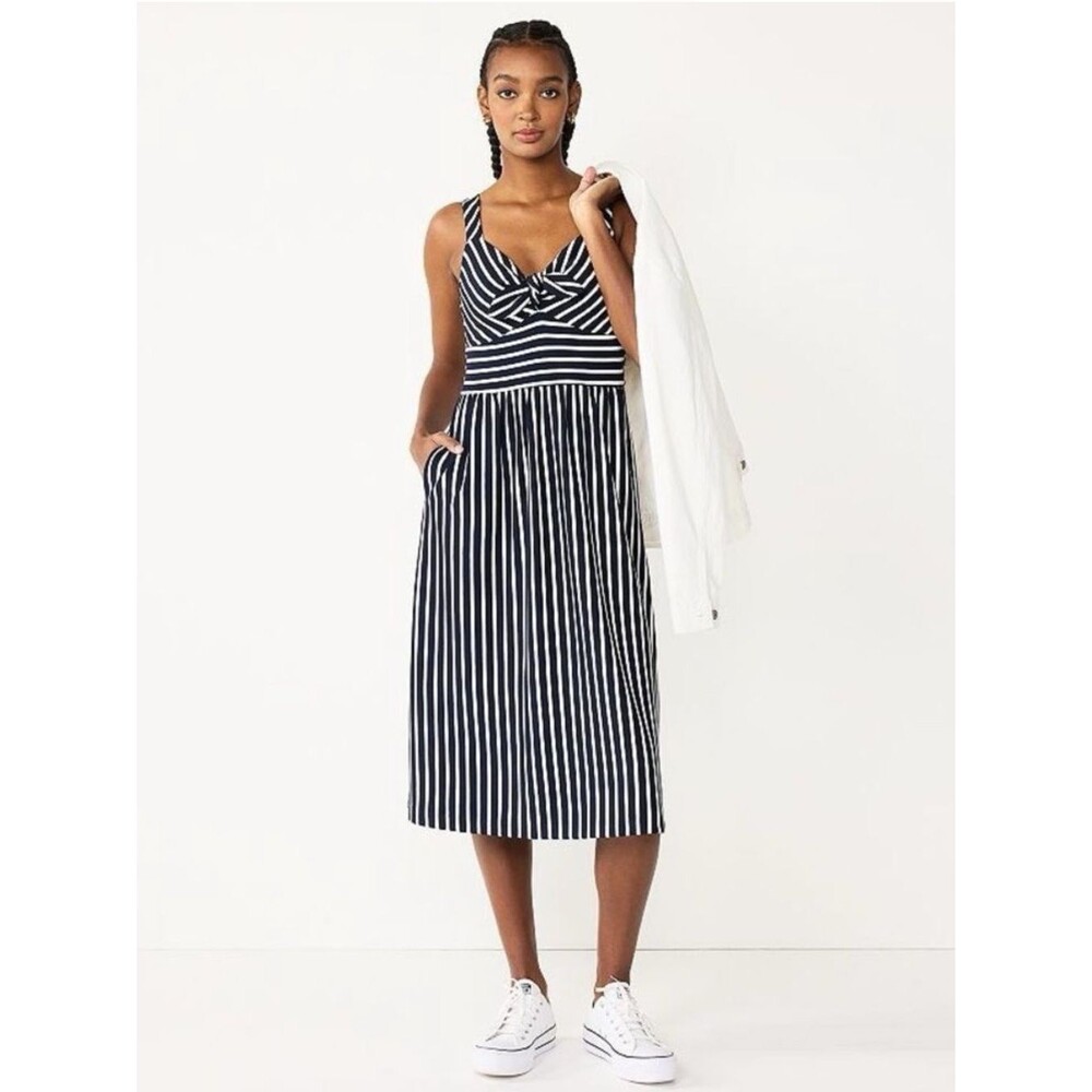 Draper James Navy White Striped Sleeveless Front Knot Pockets Midi Dress Sz XL